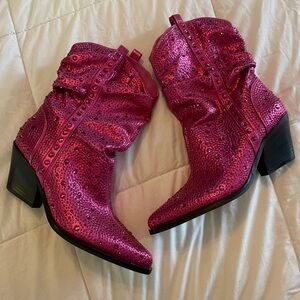 Jessica Simpson Fuchsia Shimmer Fabric Rhinestone Western Booties
